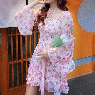 Wide-sleeve Drawstring Floral Dress