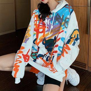 Long-sleeve Hooded Loose-fit Print Top As Shown In Figure - One Size
