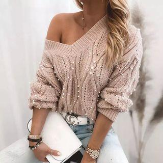 Faux Pearl Pointelle Knit Sweater