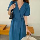 V-neck Puff-sleeve Wrap Dress