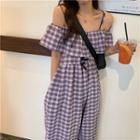 Short-sleeve Cold Shoulder Gingham Harem Jumpsuit Gingham - Purple - One Size