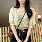 Elbow-sleeve Plaid Top Yellow - One Size