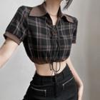 Short-sleeve Plaid Lace-up Crop Polo Shirt