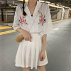 Elbow-sleeve Embroidered Shirt / Pleated Mini Skirt