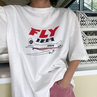 Elbow-sleeve Plane Print T-shirt
