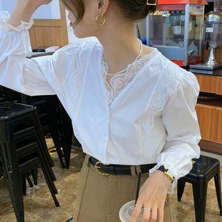 Lace Trim V-neck Blouse 8817 - White - One Size