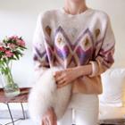 Wool Blend Patterned Sweater Beige - One Size