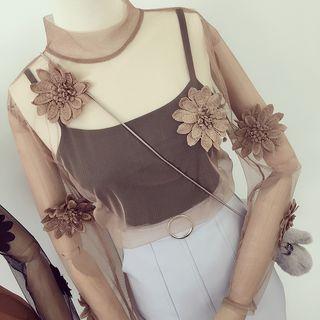 Set: Flower Long Sleeve Mock Neck Mesh Top + Camisole