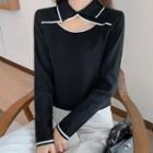 Long-sleeve Cutout-front Polo-collar Knit Top
