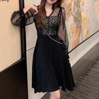 Long-sleeve Dotted Mesh A-line Dress