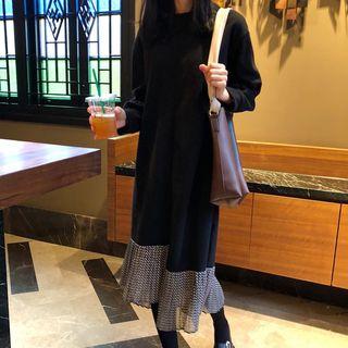 Long-sleeve Pleated Panel Midi Dress