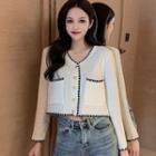 Long-sleeve Contrast Trim Knit Cropped Cardigan