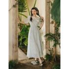 Puff-sleeve Floral Print Midi A-line Eyelet Lace Dress