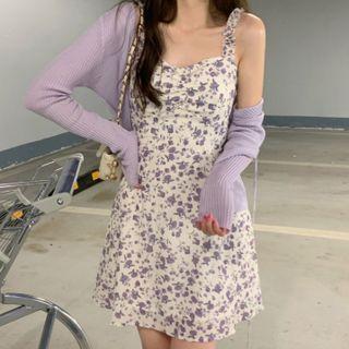 Ruffle Strap Floral Print A-line Dress / Cardigan