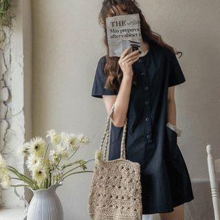 Round-neck Shirtwaist Minidress Navy Blue - One Size