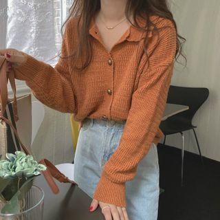 Long-sleeve Polo Collared Plain Knit Top