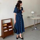 Set: Short-sleeve Denim Blouse + Midi A-line Skirt