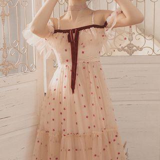 Off-shoulder Mesh Maxi A-line Dress