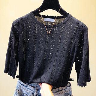 Elbow-sleeve Pointelle Knit Top