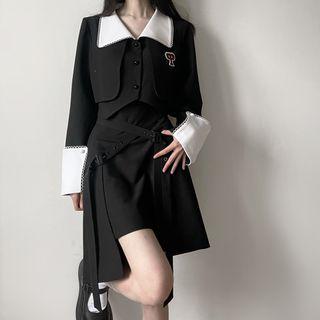 Contrast Collar Cropped Jacket / Irregular A-line Skirt