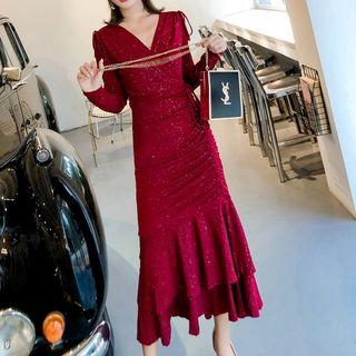 Long-sleeve Drawstring Glitter Midi Mermaid Dress