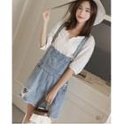 Set: Elbow-sleeve Eyelet Top + Distressed Denim Pinafore Dress