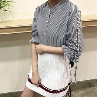 Faux Pearl Embellished Striped Blouse
