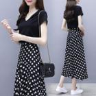 Set: Short-sleeve V-neck T-shirt + Dotted A-line Midi Skirt