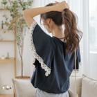 Flutter-sleeve Crochet-trim T-shirt