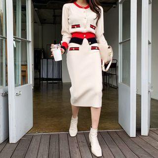 Knit Set: Piped Cardigan + Midi Skirt