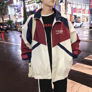 Color Block Lettering Stand Collar Zip Jacket