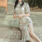 Short-sleeve Floral Print Midi Mermaid Qipao Dress