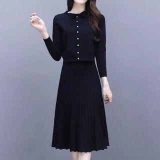 Set: Long-sleeve Buttoned Knit Top + A-line Skirt