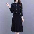 Set: Long-sleeve Buttoned Knit Top + A-line Skirt