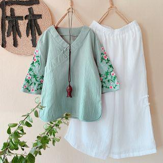3/4-sleeve Traditional Chinese Top / Wide-leg Pants