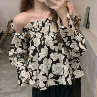Off-shoulder Flower Print Blouse Black - One Size