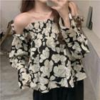 Off-shoulder Flower Print Blouse Black - One Size