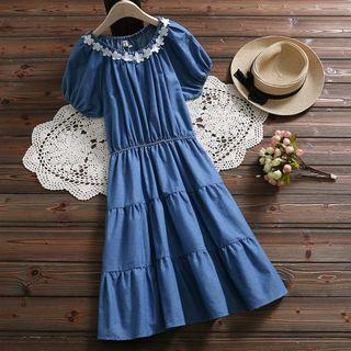 Puff-sleeve Layered Denim Dress