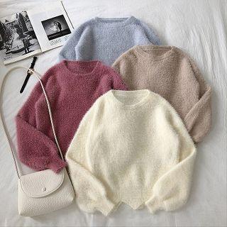 Asymmetric Faux Mink Wool Puff-sleeve Sweater