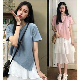 Asymmetric Short-sleeve T-shirt / Sleeveless Tiered Midi Dress