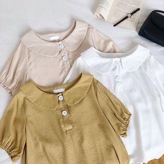 Plain Peter-pan Collar Puff-sleeve Blouse