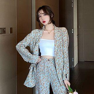 Floral Print Shirred Blazer / Wide Leg Pants / Set