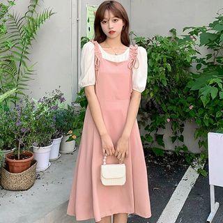 Puff-sleeve Crew Neck Plain Top / Spaghetti Strap Square Neck Plain Midi A-line Dress