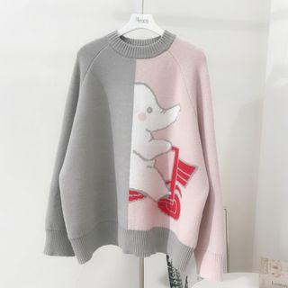 Long-sleeve Color Block Pattern Knit Sweater Gray - One Size