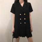 Short-sleeve Double Breasted Mini Pleated Dress Black - One Size