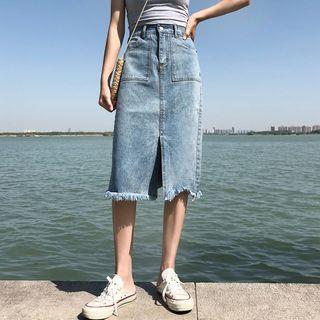 Slit Front Washed A-line Denim Skirt