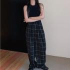 High Waist Plaid Wide Leg Pants / Fluffy Crop Tank Top