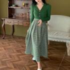 Collared Sweater / Houndstooth Midi A-line Skirt