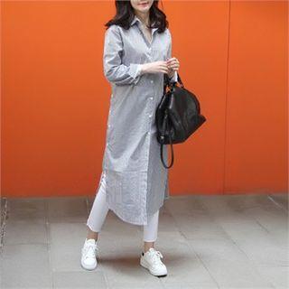Button-side Striped Long Shirtdress Black - One Size