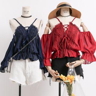 Off-shoulder Lace-panel Lace-up Chiffon Blouse